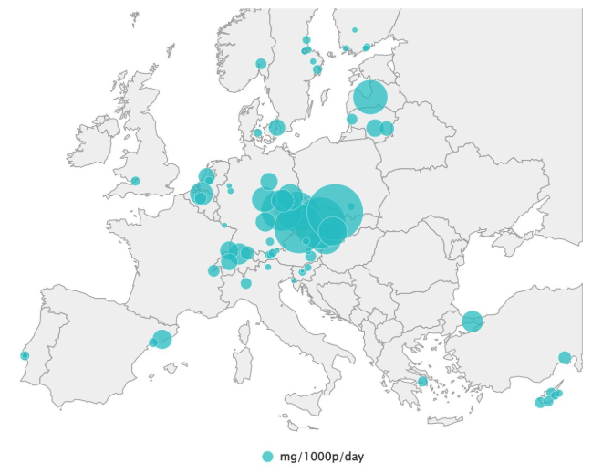 Množství metamfetaminu (pervitinu) v odpadních vodách evropských měst. Zdroj: https://www.emcdda.europa.eu/